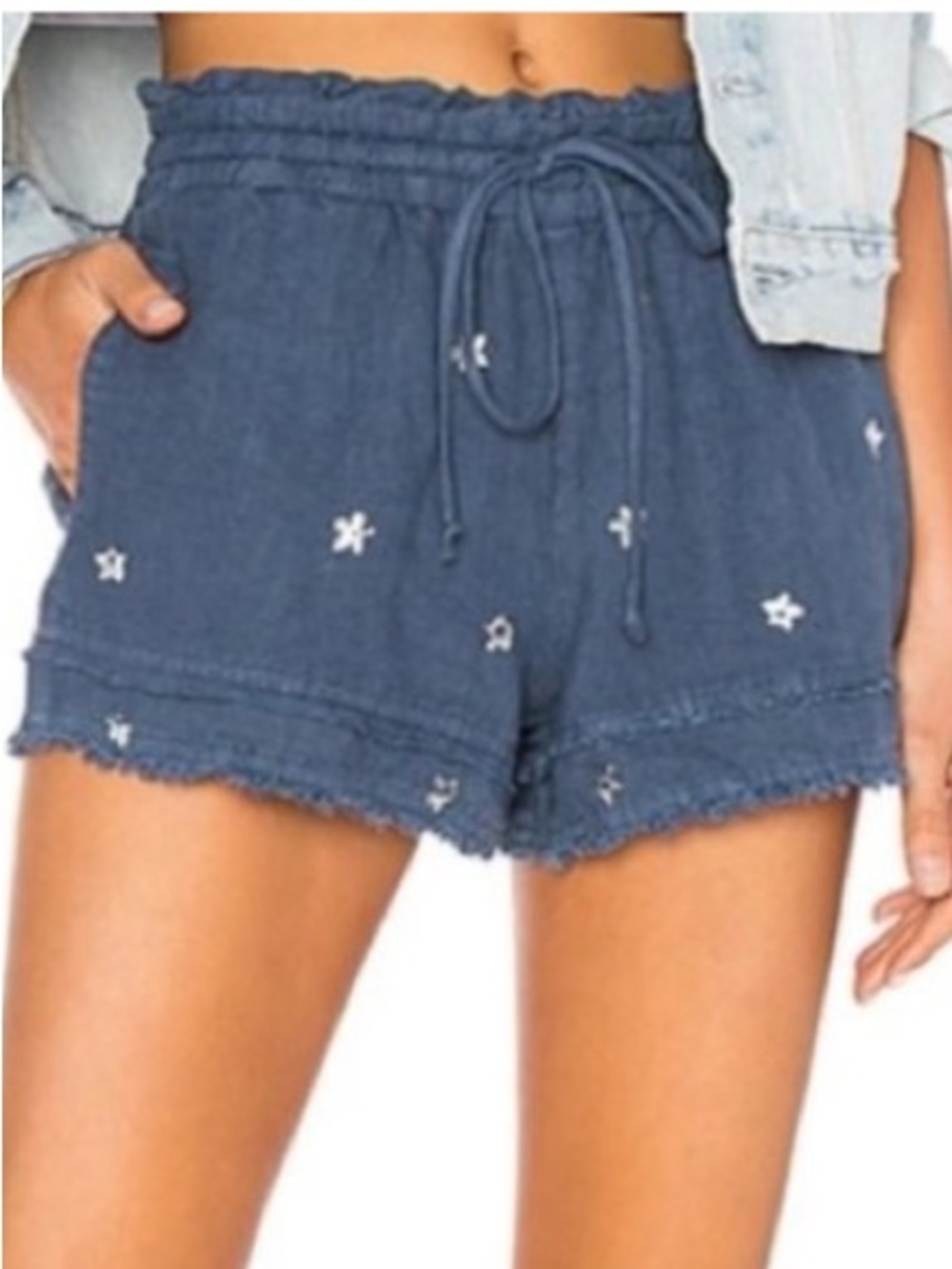 Bella Dahl 100% Linen silver floral star print Shorts Dark Blue Raw Hem Medium